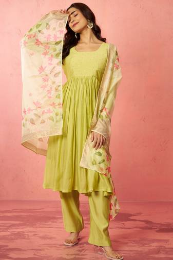 Vastramay womens mint green silk anarkali kurta set - sequin embroidered diwali wear