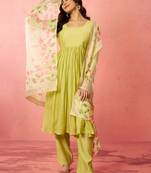 womens mint green silk anarkali kurta set - sequin embroidered diwali wear