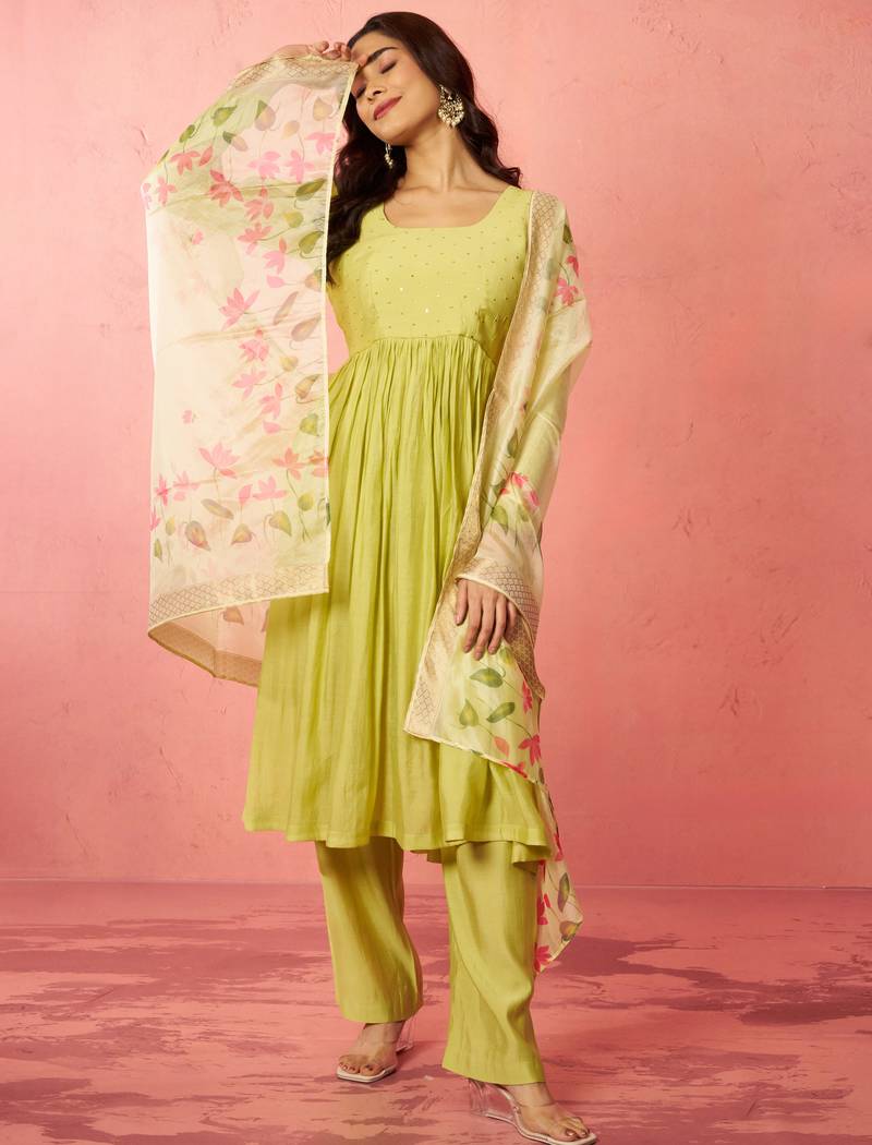 Vastramay womens mint green silk anarkali kurta set - sequin embroidered diwali wear