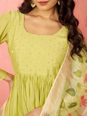 womens mint green silk anarkali kurta set - sequin embroidered diwali wear 2