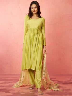 womens mint green silk anarkali kurta set - sequin embroidered diwali wear 3