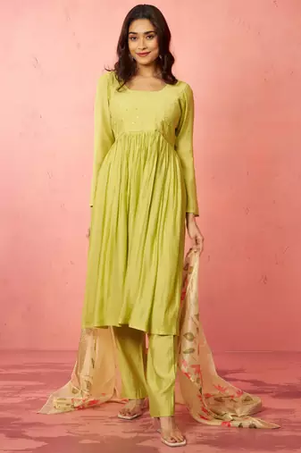 womens mint green silk anarkali kurta set - sequin embroidered diwali wear