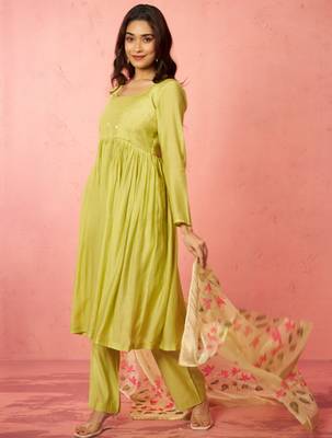womens mint green silk anarkali kurta set - sequin embroidered diwali wear 4