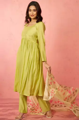womens mint green silk anarkali kurta set - sequin embroidered diwali wear