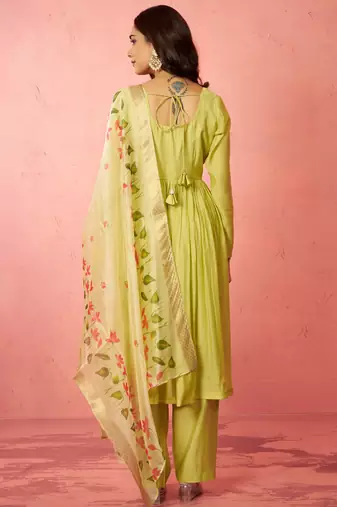 womens mint green silk anarkali kurta set - sequin embroidered diwali wear