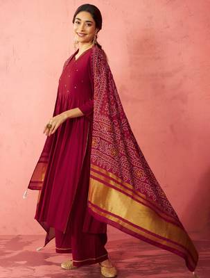 womens maroon rayon anarkali kurta set - sequin embroidered festival wear 1