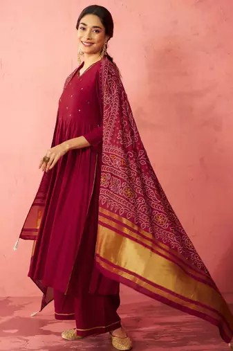 womens maroon rayon anarkali kurta set - sequin embroidered festival wear