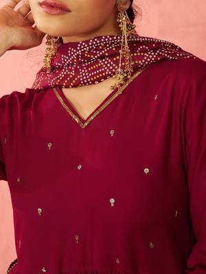 womens maroon rayon anarkali kurta set - sequin embroidered festival wear 2