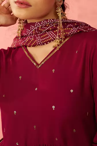 womens maroon rayon anarkali kurta set - sequin embroidered festival wear