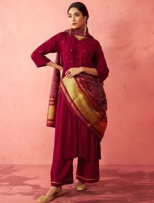 womens maroon rayon anarkali kurta set - sequin embroidered festival wear 3