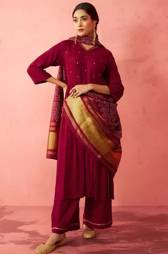 womens maroon rayon anarkali kurta set - sequin embroidered festival wear
