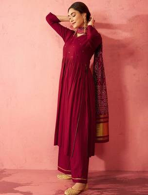 womens maroon rayon anarkali kurta set - sequin embroidered festival wear 4