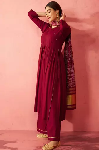 womens maroon rayon anarkali kurta set - sequin embroidered festival wear