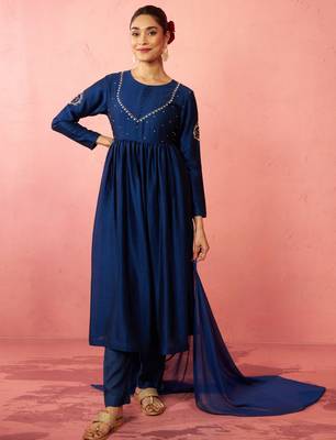 womens blue silk anarkali kurta set - zardozi embroidered wedding wear 1