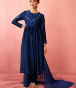 womens blue silk anarkali kurta set - zardozi embroidered wedding wear
