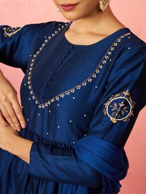 womens blue silk anarkali kurta set - zardozi embroidered wedding wear 2