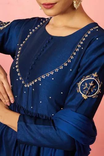 womens blue silk anarkali kurta set - zardozi embroidered wedding wear