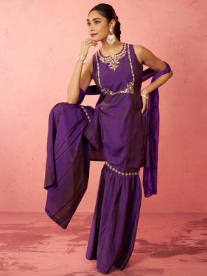 womens purple cotton kurta sharara set - zardozi embroidered wedding wear 1