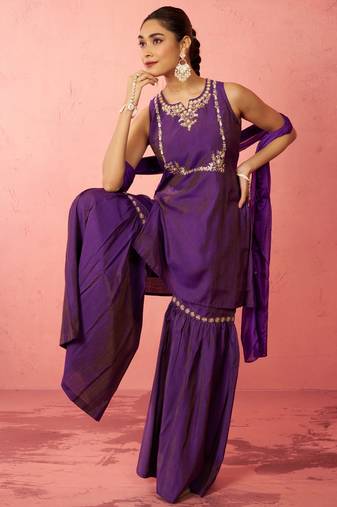 Vastramay womens purple cotton kurta sharara set - zardozi embroidered wedding wear