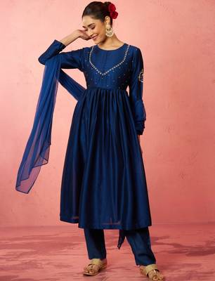 womens blue silk anarkali kurta set - zardozi embroidered wedding wear 3