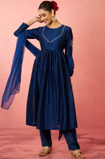 womens blue silk anarkali kurta set - zardozi embroidered wedding wear