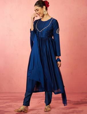 womens blue silk anarkali kurta set - zardozi embroidered wedding wear 4