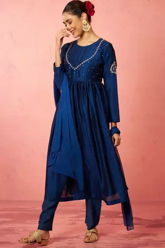 womens blue silk anarkali kurta set - zardozi embroidered wedding wear