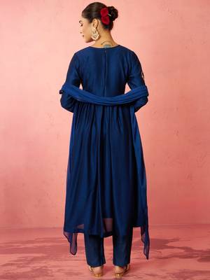 womens blue silk anarkali kurta set - zardozi embroidered wedding wear 5