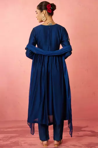 womens blue silk anarkali kurta set - zardozi embroidered wedding wear