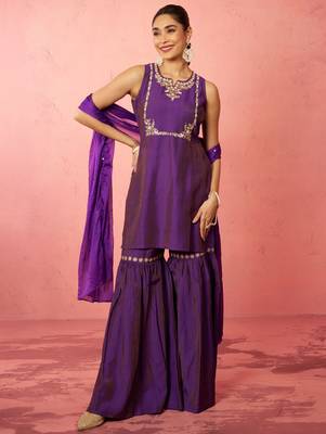 womens purple cotton kurta sharara set - zardozi embroidered wedding wear 3