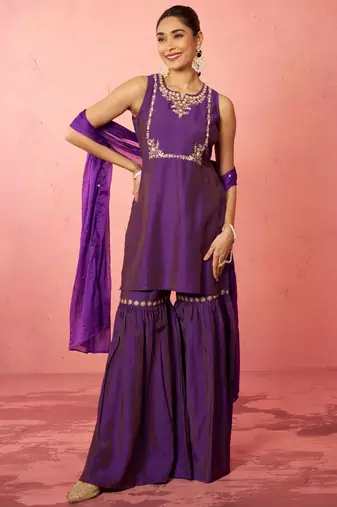 womens purple cotton kurta sharara set - zardozi embroidered wedding wear