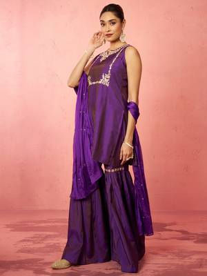 womens purple cotton kurta sharara set - zardozi embroidered wedding wear 4