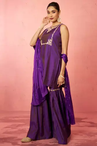 womens purple cotton kurta sharara set - zardozi embroidered wedding wear