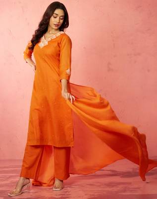 womens orange chanderi straight kurta set - hand embroidered festival wear 1