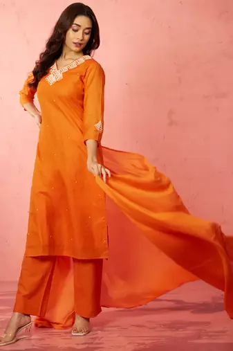 Vastramay womens orange chanderi straight kurta set - hand embroidered festival wear