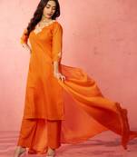 womens orange chanderi straight kurta set - hand embroidered festival wear