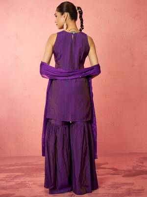 womens purple cotton kurta sharara set - zardozi embroidered wedding wear 5