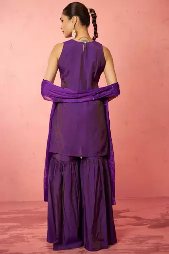 womens purple cotton kurta sharara set - zardozi embroidered wedding wear