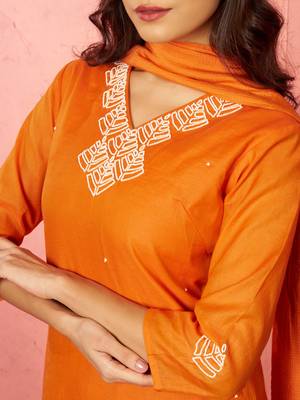 womens orange chanderi straight kurta set - hand embroidered festival wear 2