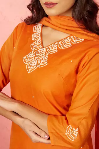 womens orange chanderi straight kurta set - hand embroidered festival wear
