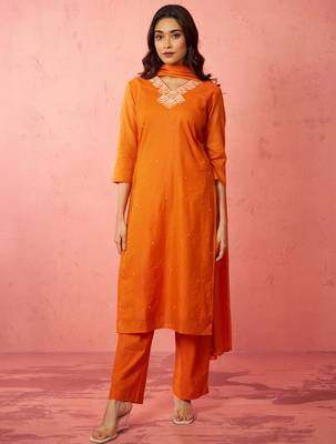 womens orange chanderi straight kurta set - hand embroidered festival wear 3