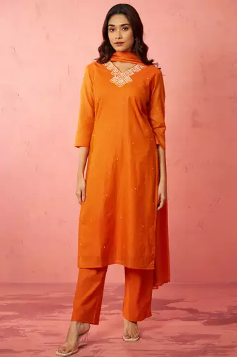womens orange chanderi straight kurta set - hand embroidered festival wear