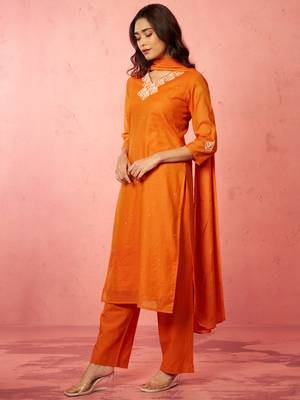 womens orange chanderi straight kurta set - hand embroidered festival wear 4