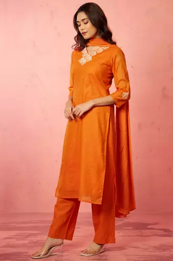 womens orange chanderi straight kurta set - hand embroidered festival wear