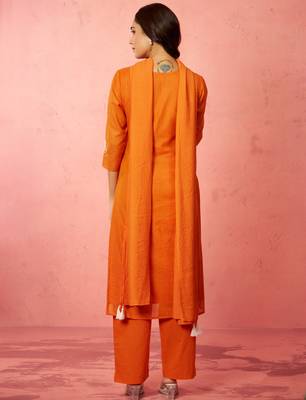 womens orange chanderi straight kurta set - hand embroidered festival wear 5