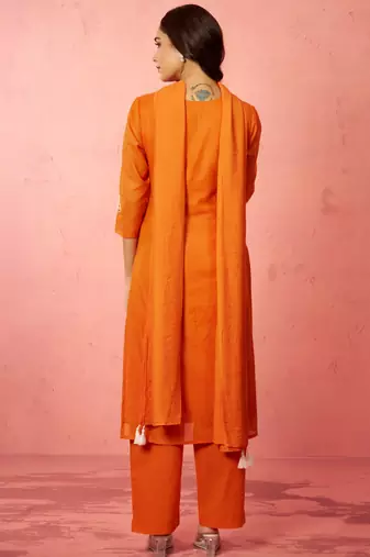 womens orange chanderi straight kurta set - hand embroidered festival wear