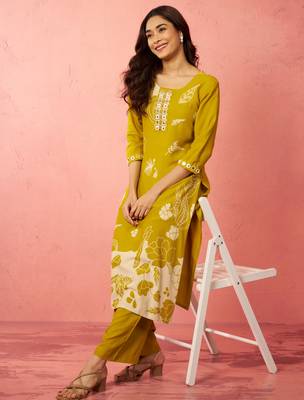womehendi green rayon mirror work kurta set with palazzo - festival wear 1