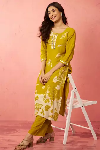 women's mehendi green rayon mirror work kurta set with palazzo - festival wear