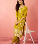 womehendi green rayon mirror work kurta set with palazzo - festival wear