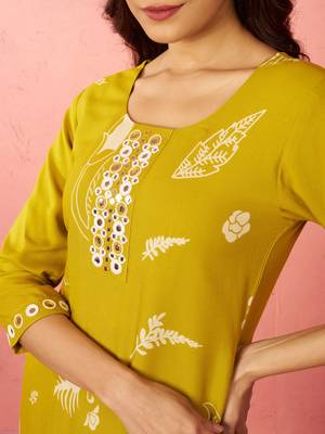 womehendi green rayon mirror work kurta set with palazzo - festival wear 2